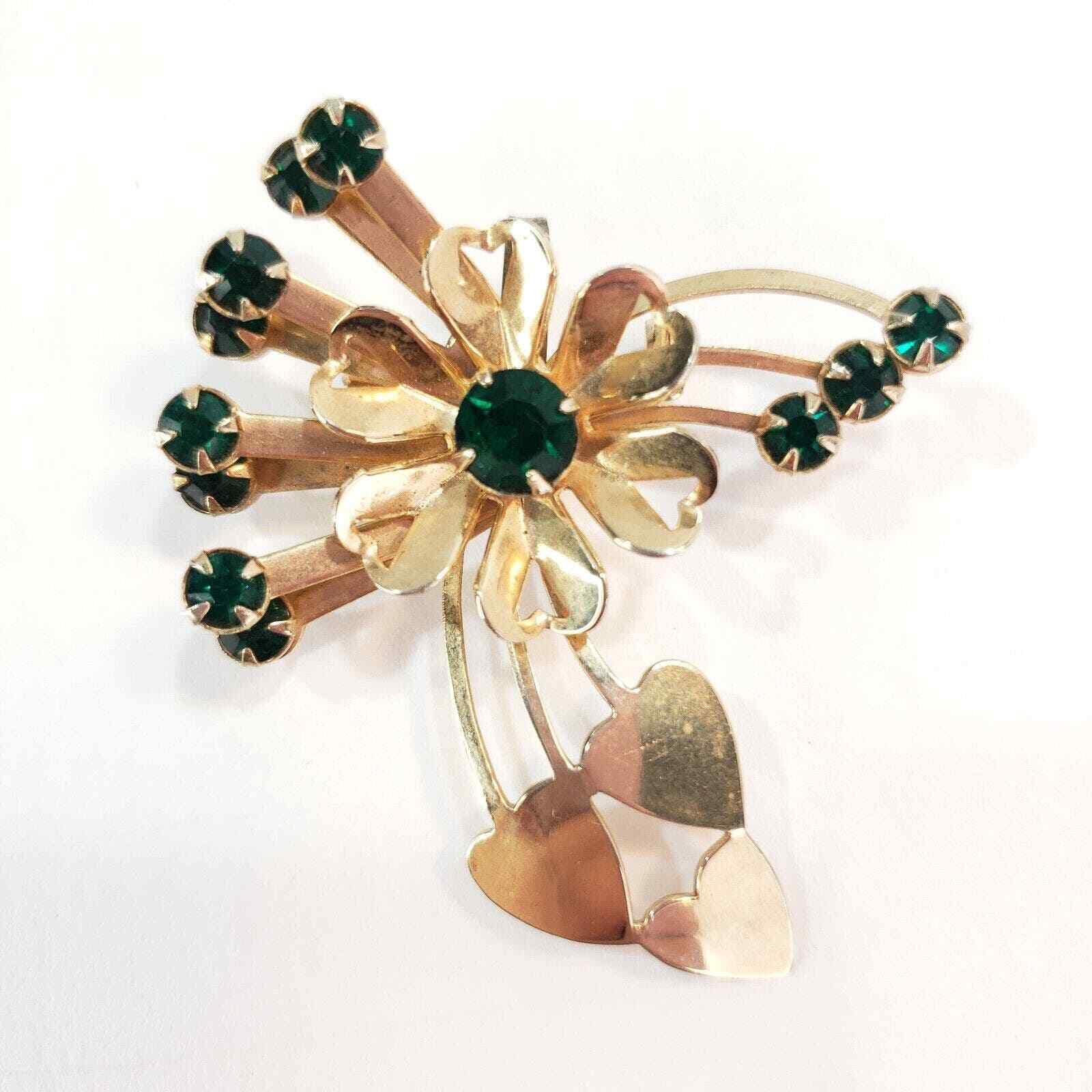 Vintage Green Rhinestone and Gold Tone Pin Brooch Pendant Flower and Hearts