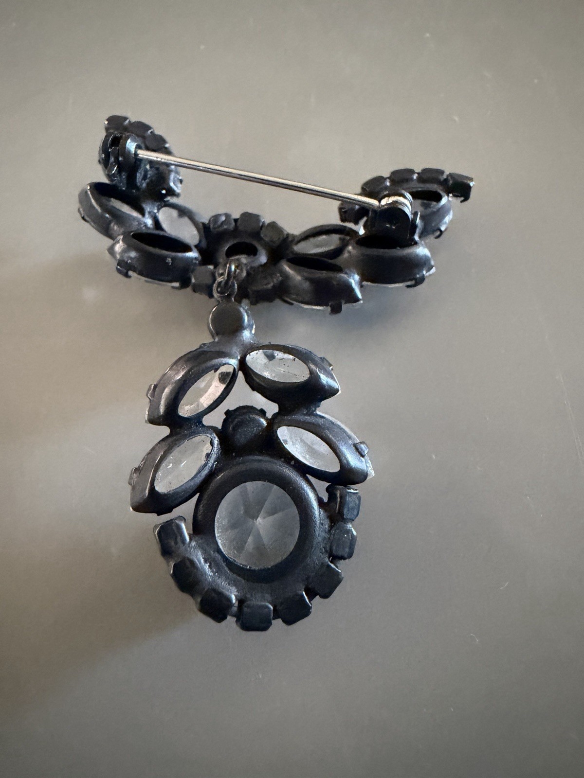 Vintage Rhinestone Gun Metal Pendant Drop Brooch 1.5” X 2”