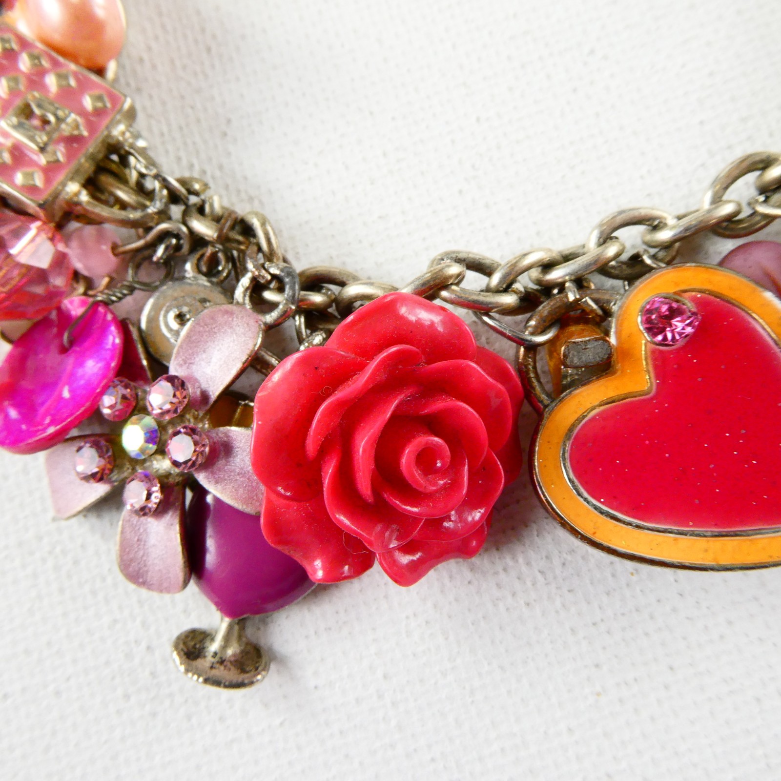 Vintage PINK Flower Charm Bracelet Floral Hearts Enamel Rhinestones Toggle Clasp