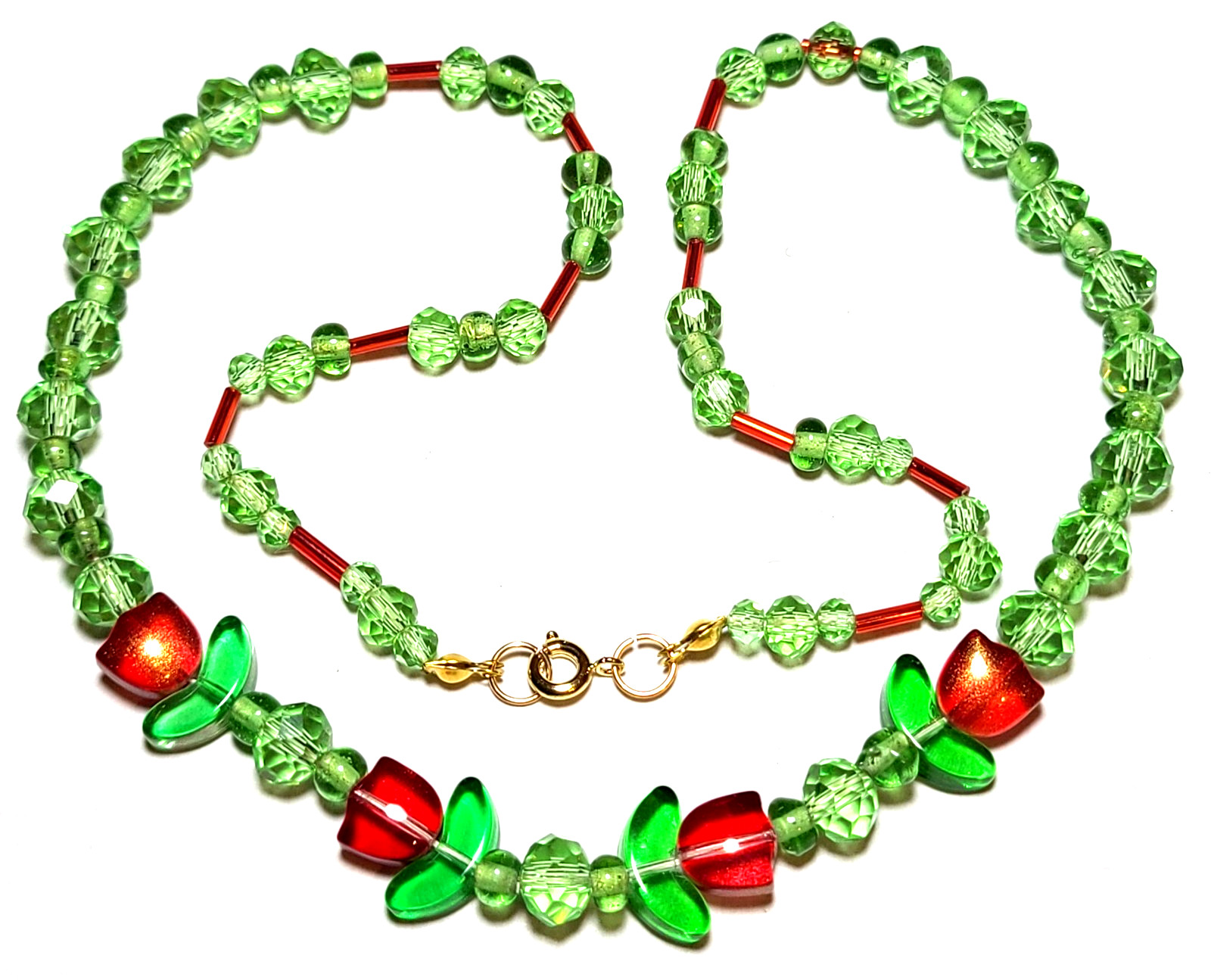 VINTAGE STUNNING GOLD TONE GREEN AND RED FACETED CZECH GLASS NECKLACE