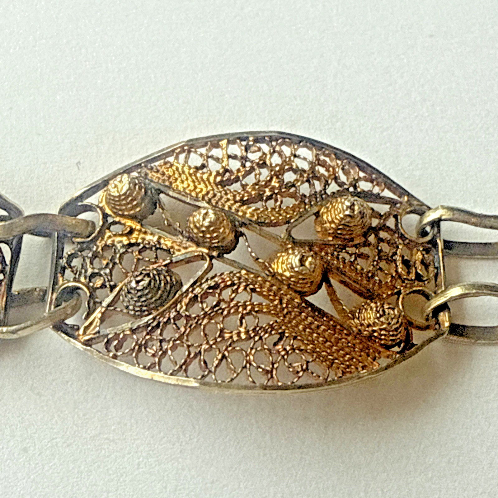 Vitg Sterling Silver Gold-wash Guilloche Enamel Ornate Filigree Panel Bracelet