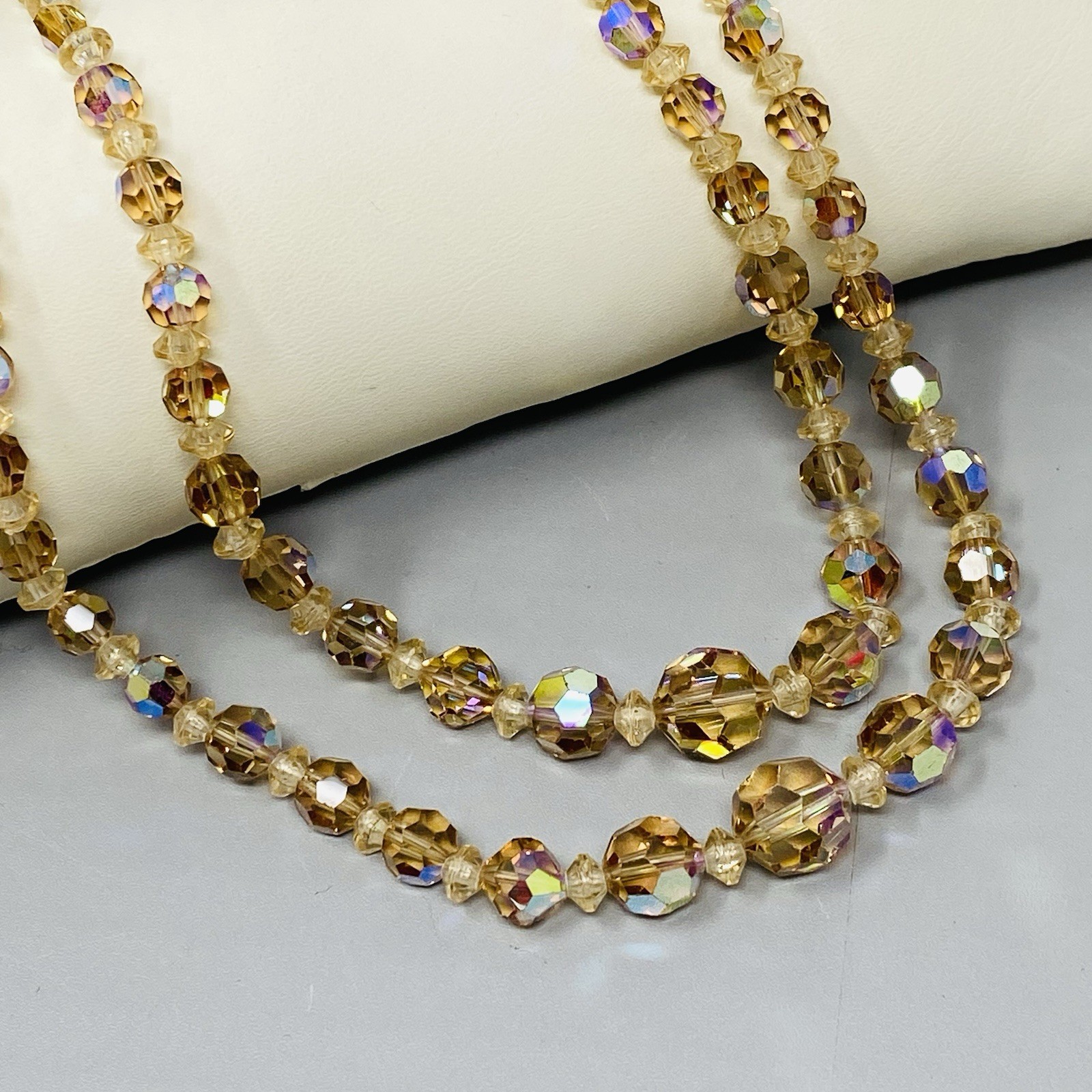 VTG Crystal Beaded Necklace Champagne Aurora Borealis Faceted Double Strand 15″