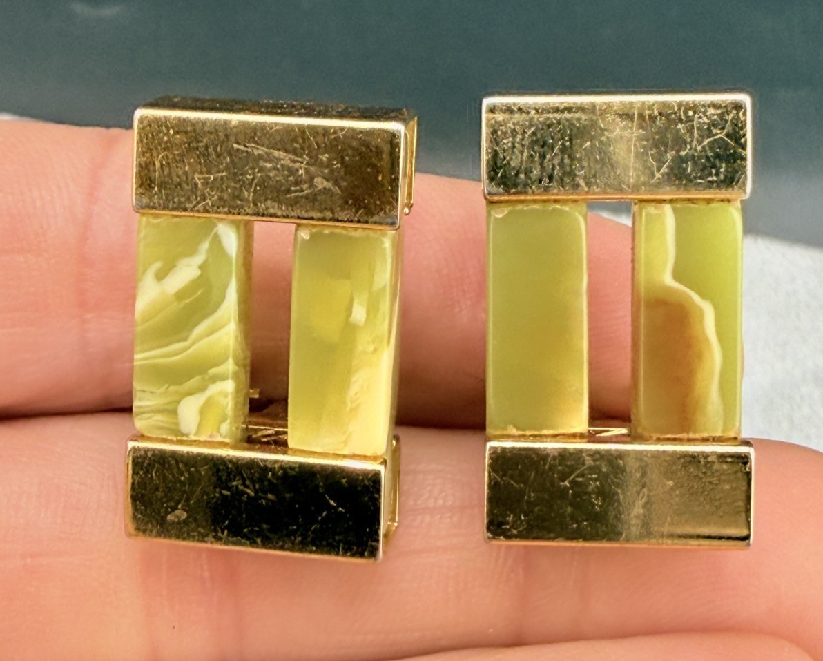 Vintage Orena Paris Earrings Green Lucite Gold Tone Signed