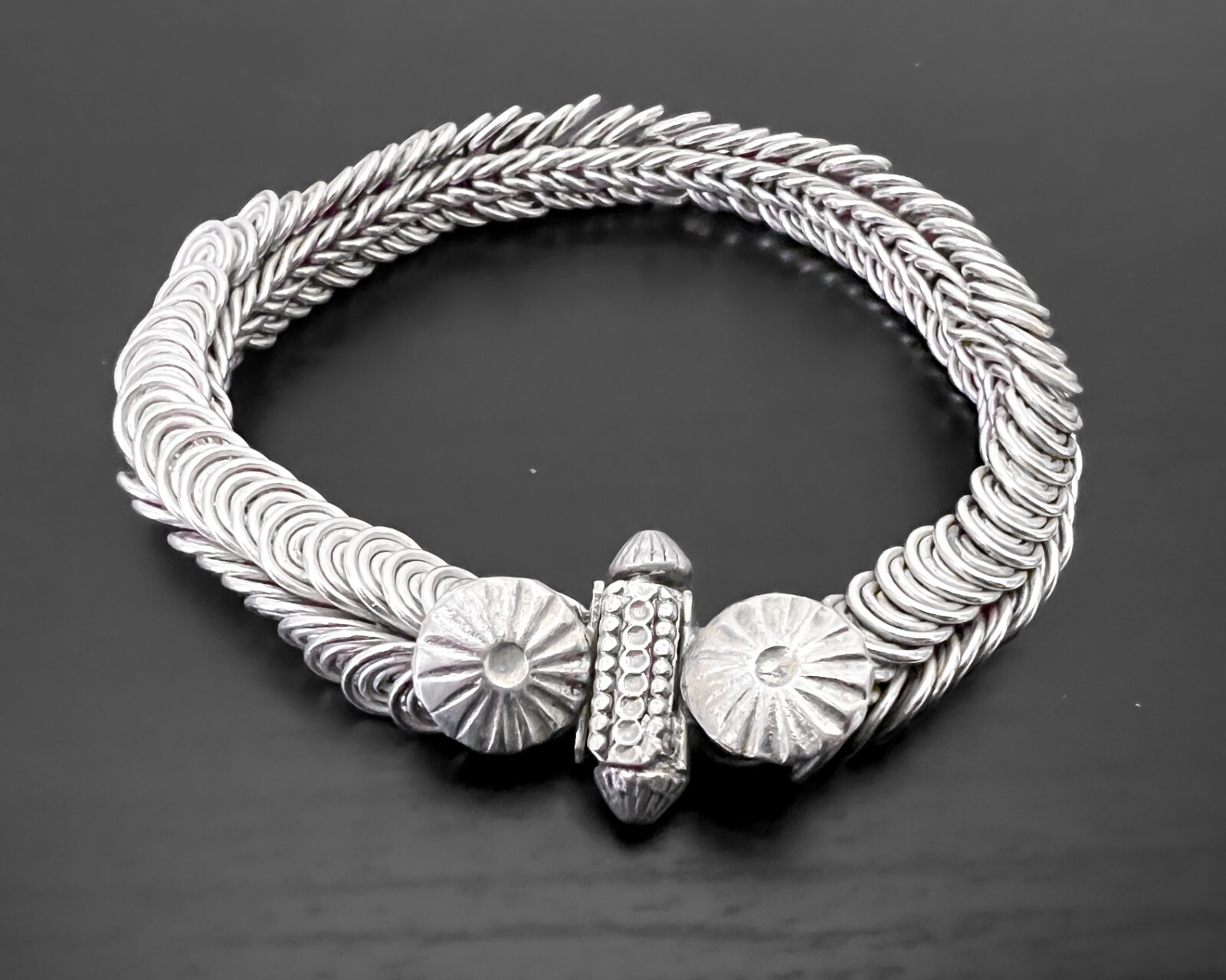 43g Vtg Wire Snail Egyptian Coil Wrap Spiral Heavy Link Sterling Silver Bracelet