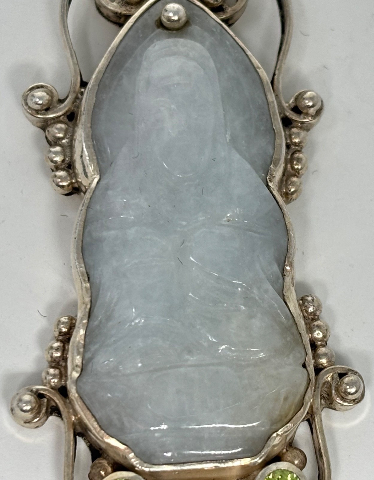 VTG Pendant 925 Silver Scroll Icy White Jadeite Hand-carved Buddha Peridot Pearl