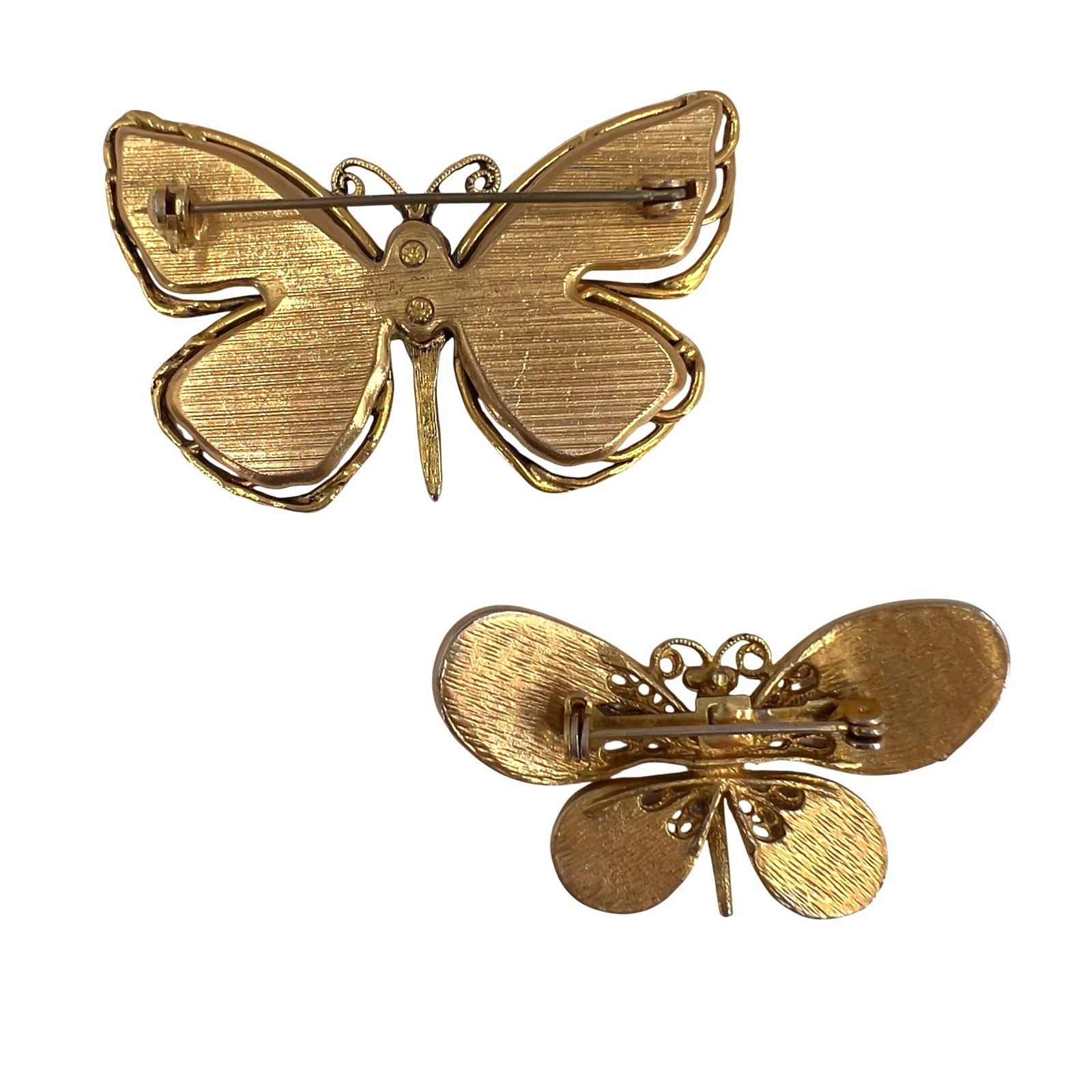 Vintage Butterfly Brooch Set Gold Tone Peach Pink Enamel Rhinestone 2pc