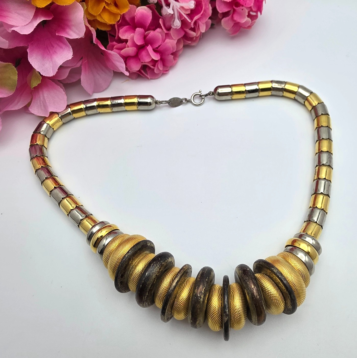 Joan’s Collectibles Brutalist Gold Silver Tone Chunky Beaded Necklace 18″ Vtg.
