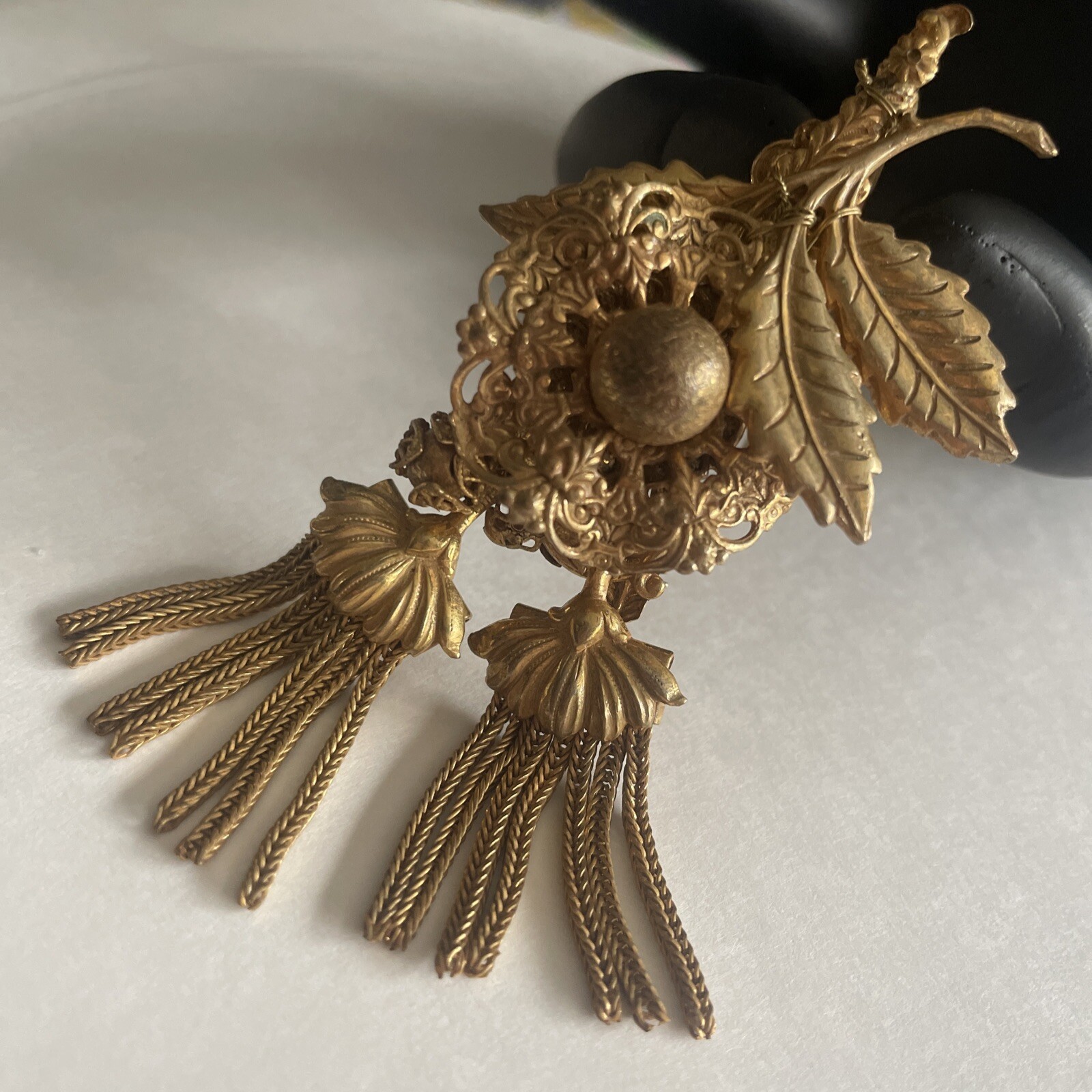 Vintage Signed Miriam Haskell Dangling Tassels GoldTone Brooch S04