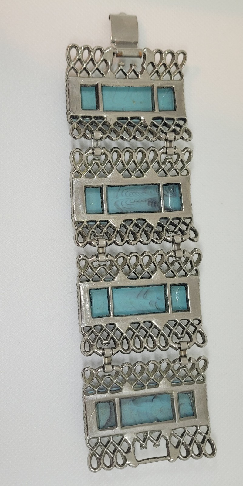 1950s Faux Turquoise Cabochon Bracelet Silver Tone