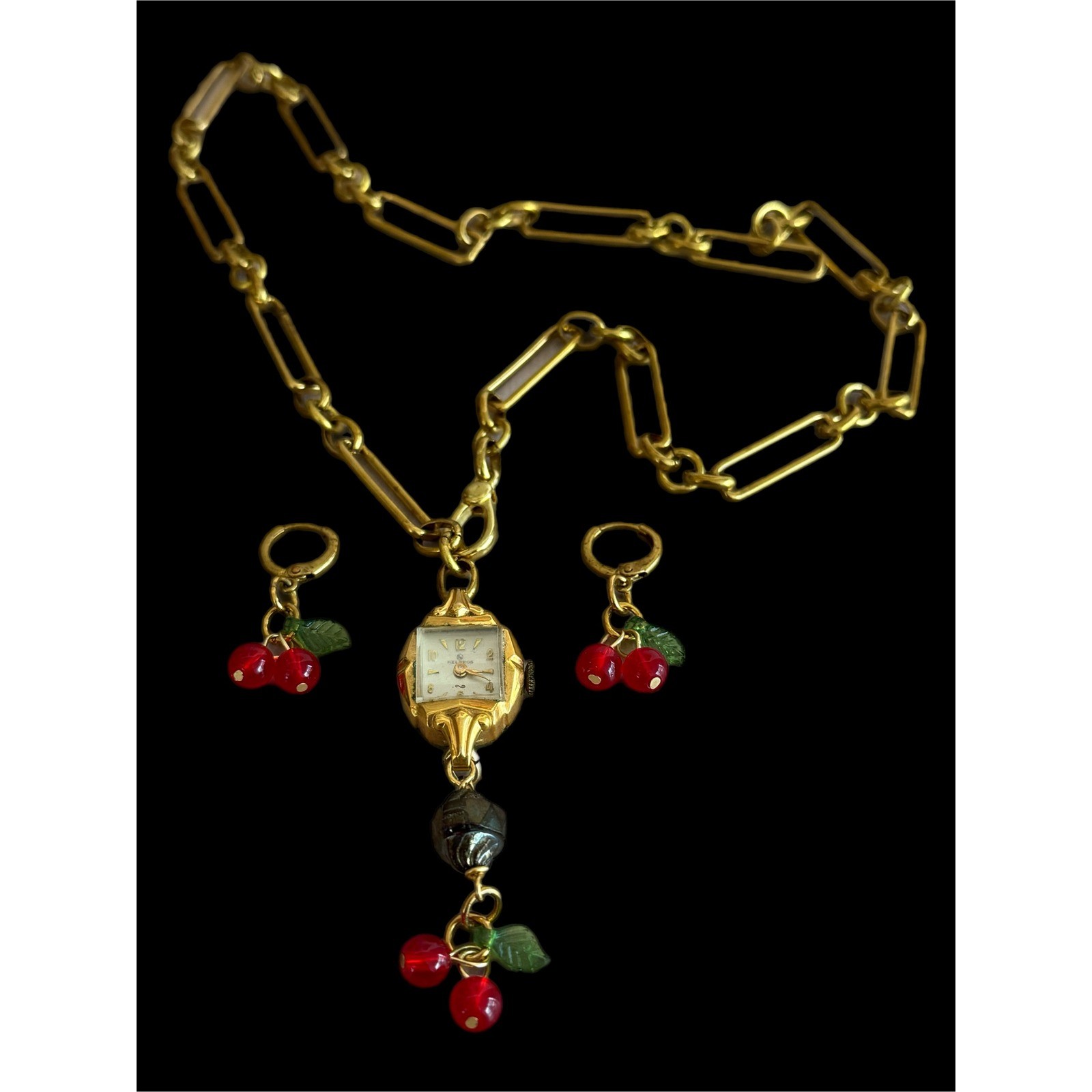 Victorian Raw Brass Necklace w/ Vintage Watch & Cherry Earrings Set