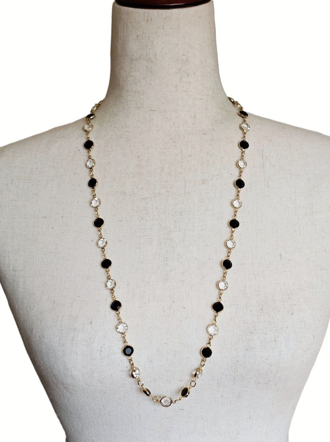 Vtg Austrian Crystal Bezel Station Necklace 30″ Bracelet Gold Tone Black Clear