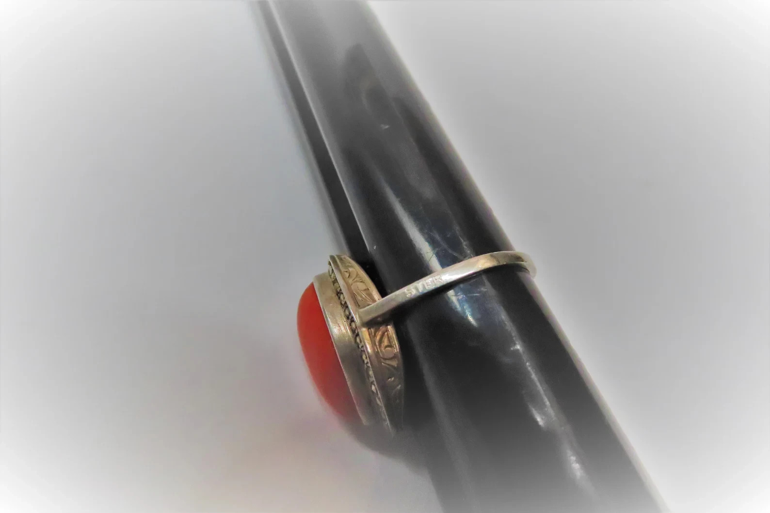 Vintage Art Deco Large Oval Red Coral Marcasite Sterling Silver Ring