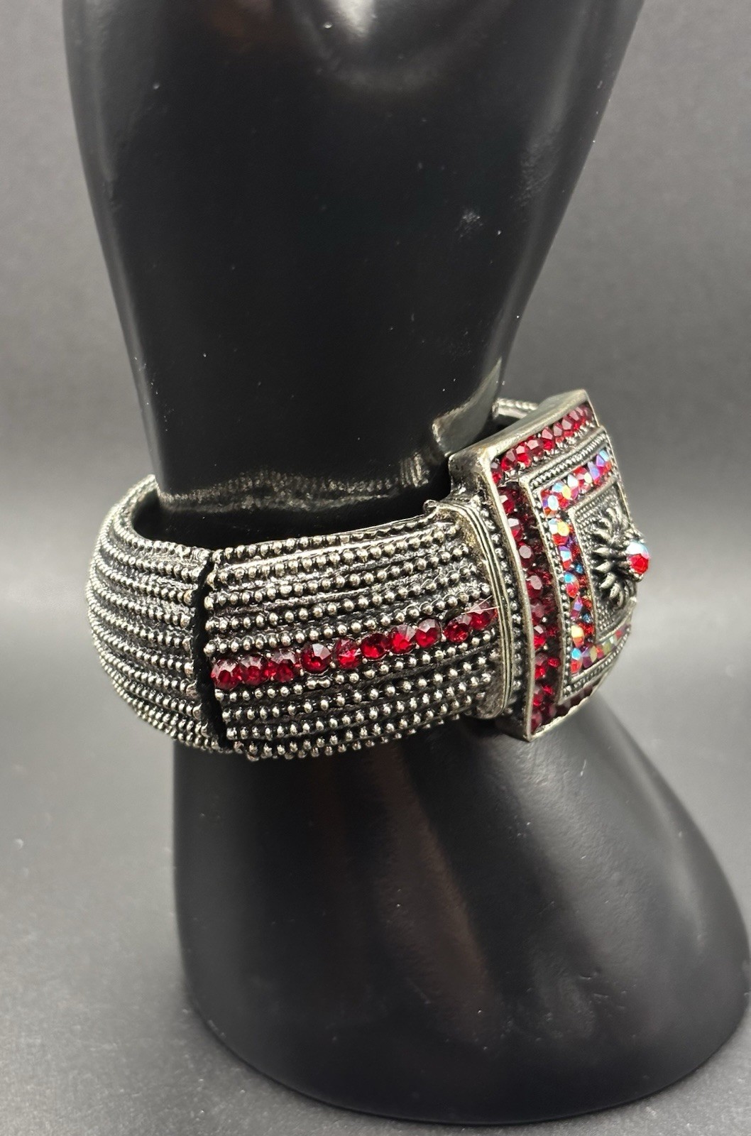 Ruby red and iridescent Aurora Borealis rhinestones Hinged Bracelet
