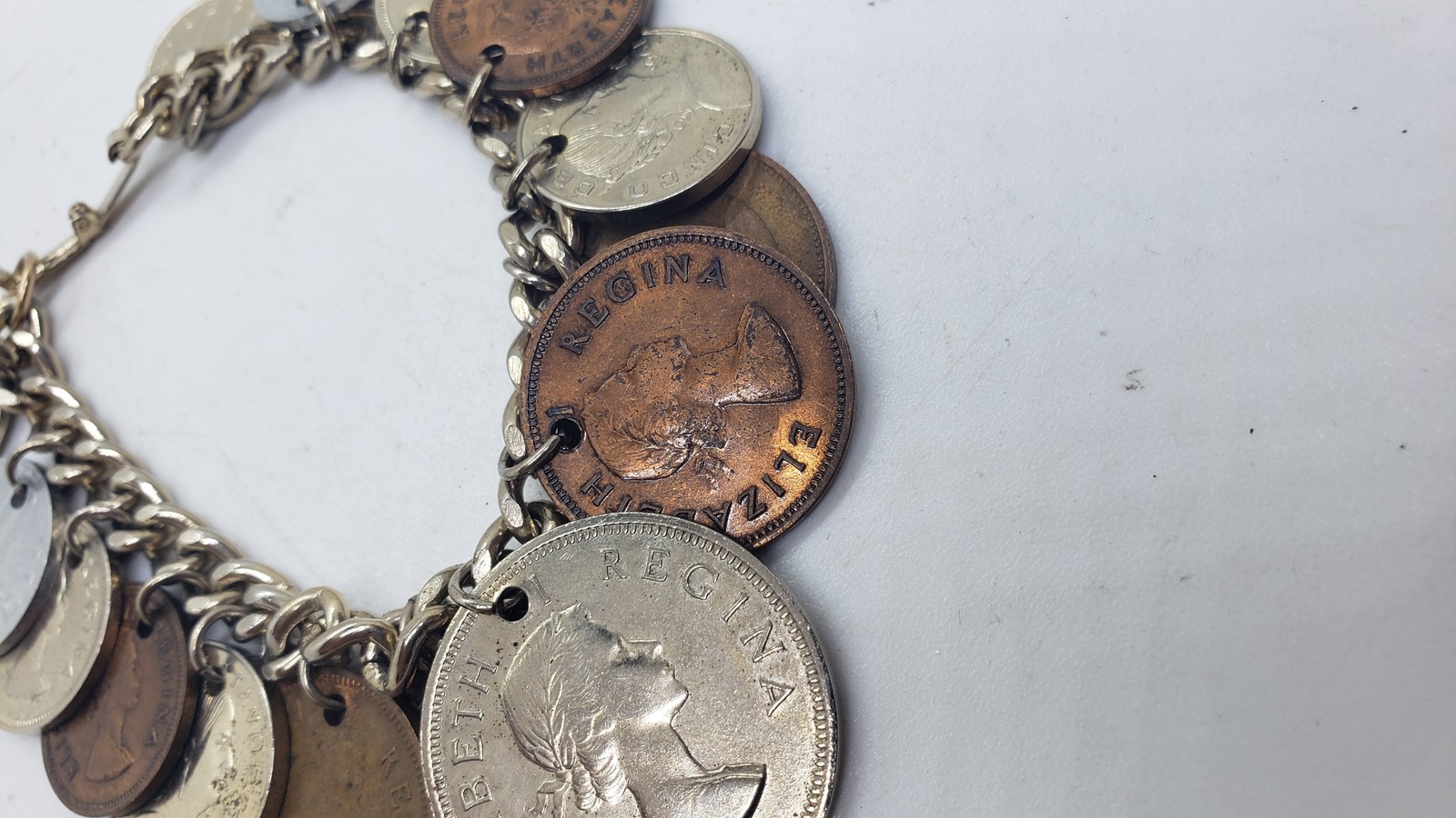 Vintage Coin Charm Bracelet Souvenir Mixed Coins Queen Elizabeth Regina Collect
