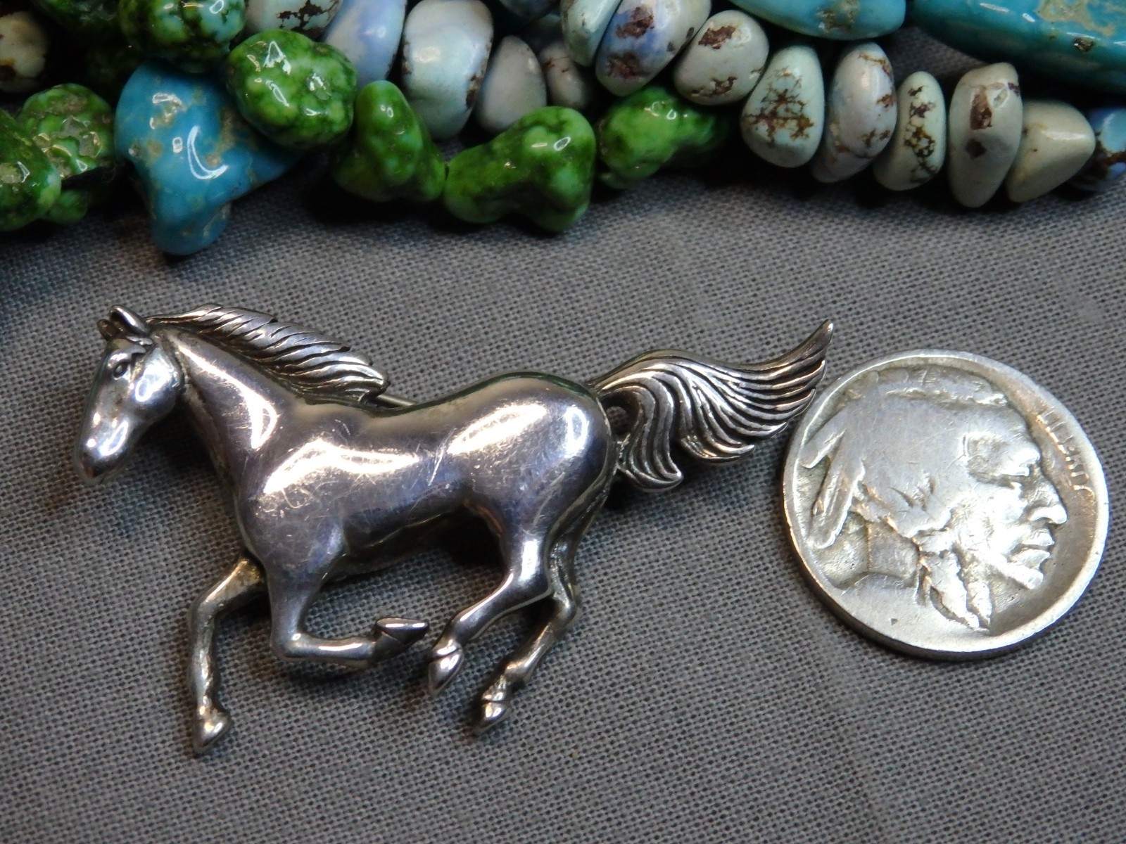 NAVAJO Gus Sandoval Sterling Silver RUNNING HORSE 1.9″ Pin signed 🐎