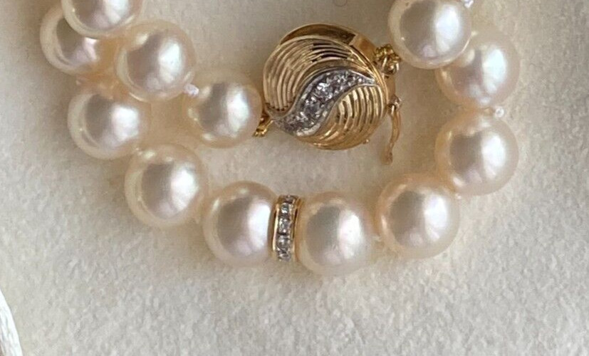 Vintage Diamond 14k Akoya Pearl Necklace 17.5”, 8-8.5mm