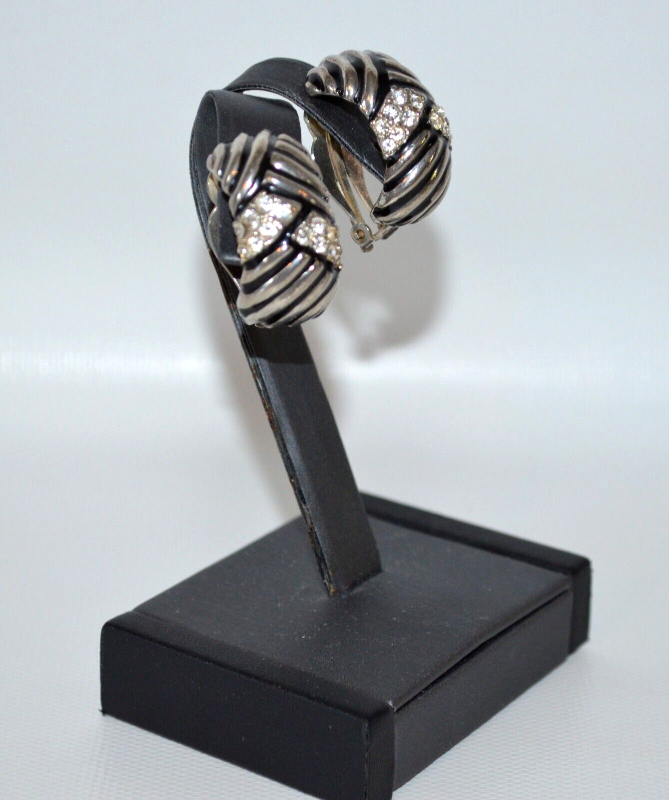 Vintage Silver Tone & Black Clip On Earrings with Clear Rhinestones 1.25″