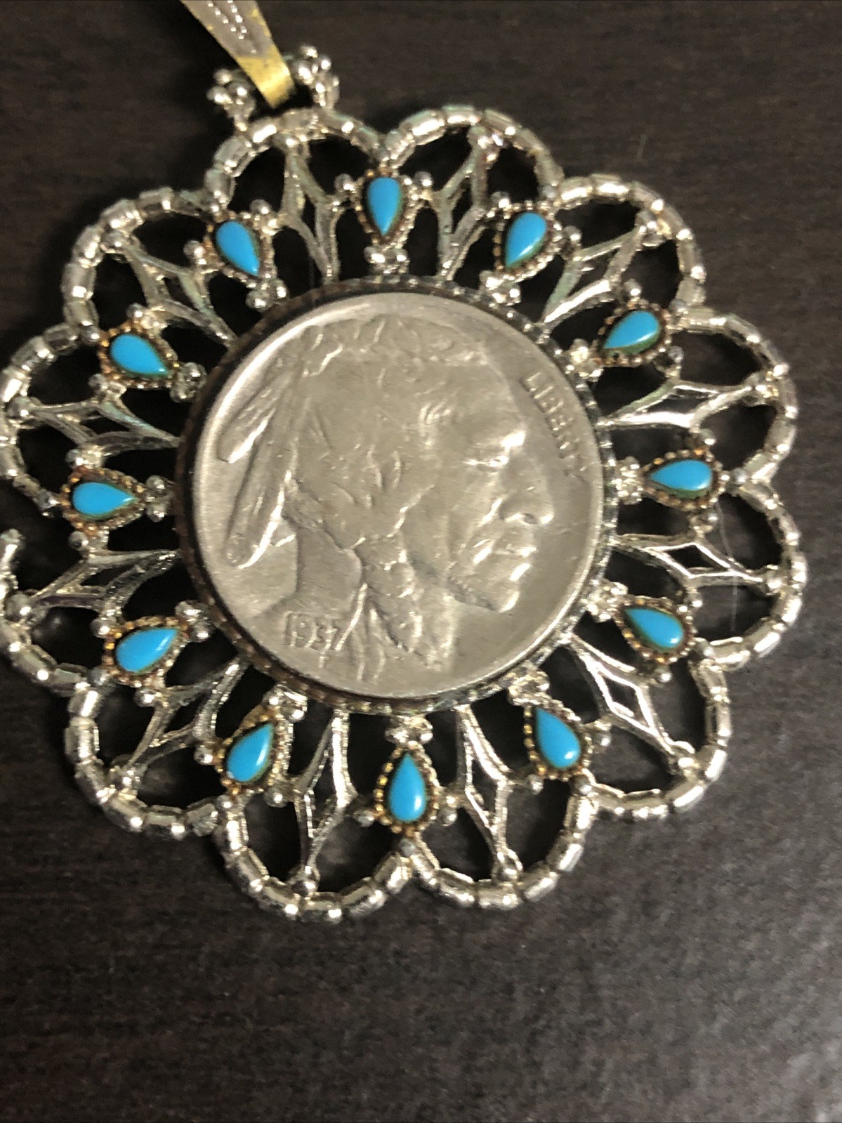 Vintage 1970s Buffalo Nickel Coin Pendent Faux Turquoise Silver Tone Necklace