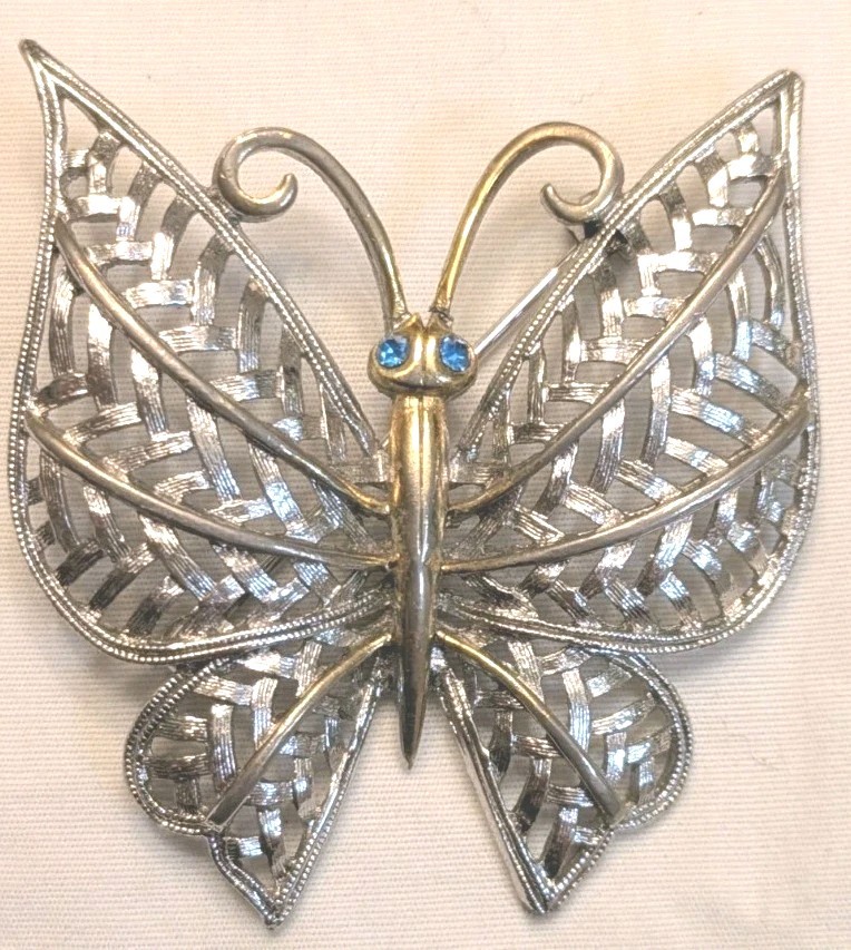 Avon Butterfly Brooch Vintage Blue Rhinestone Eyes Silvertone & Goldtone Pin
