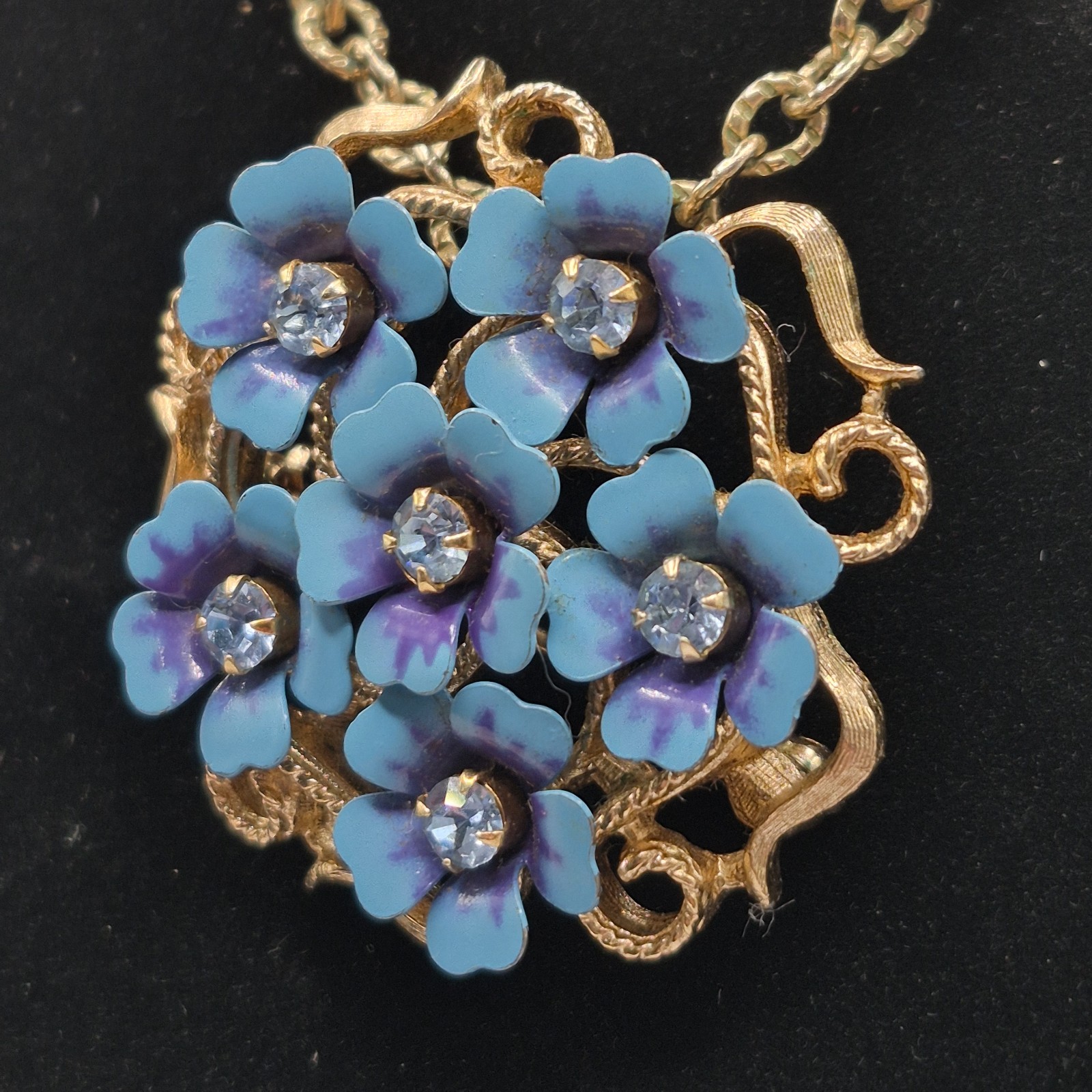 Vtg “Love Blossoms” Pendant/Brooch Rhinestone Convertible Purple Enamel Flowers