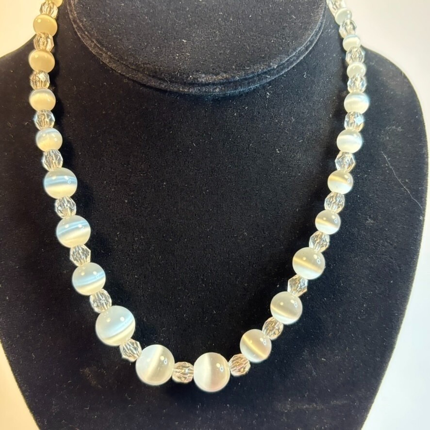 Vintage Necklace White Opalite Semi Precious Stone Beads Cats Eye Glass Crystal
