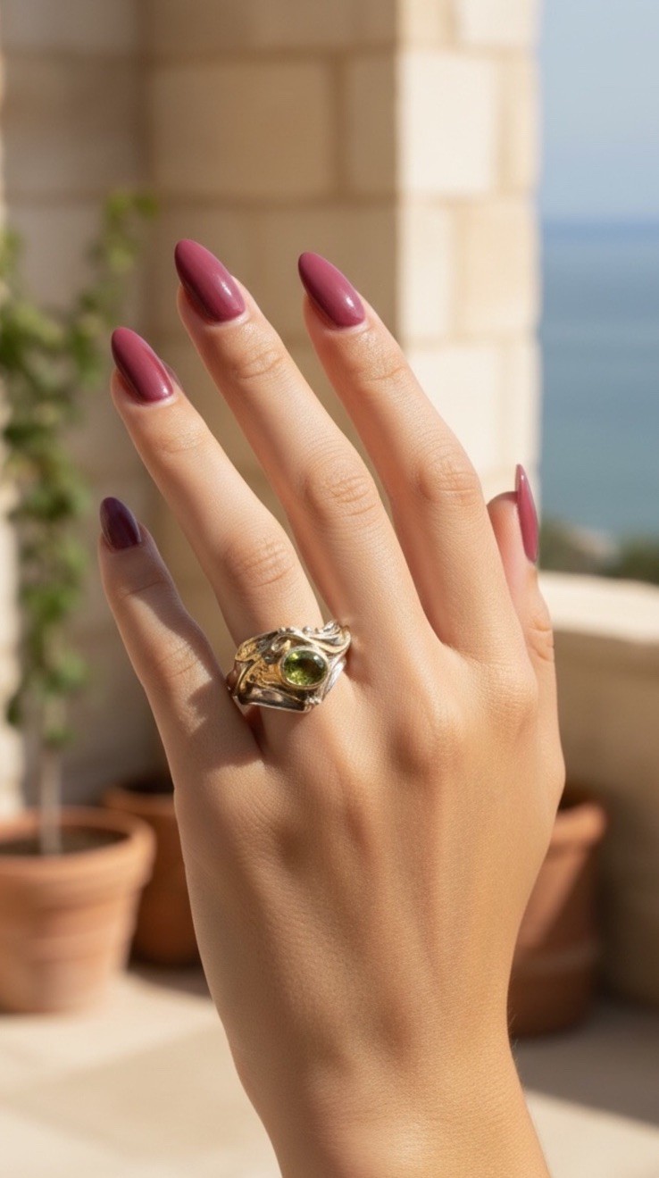 Vintage Art Nouveau Style Peridot Sterling Silver and 14K YG Vermeil Ring Size 8