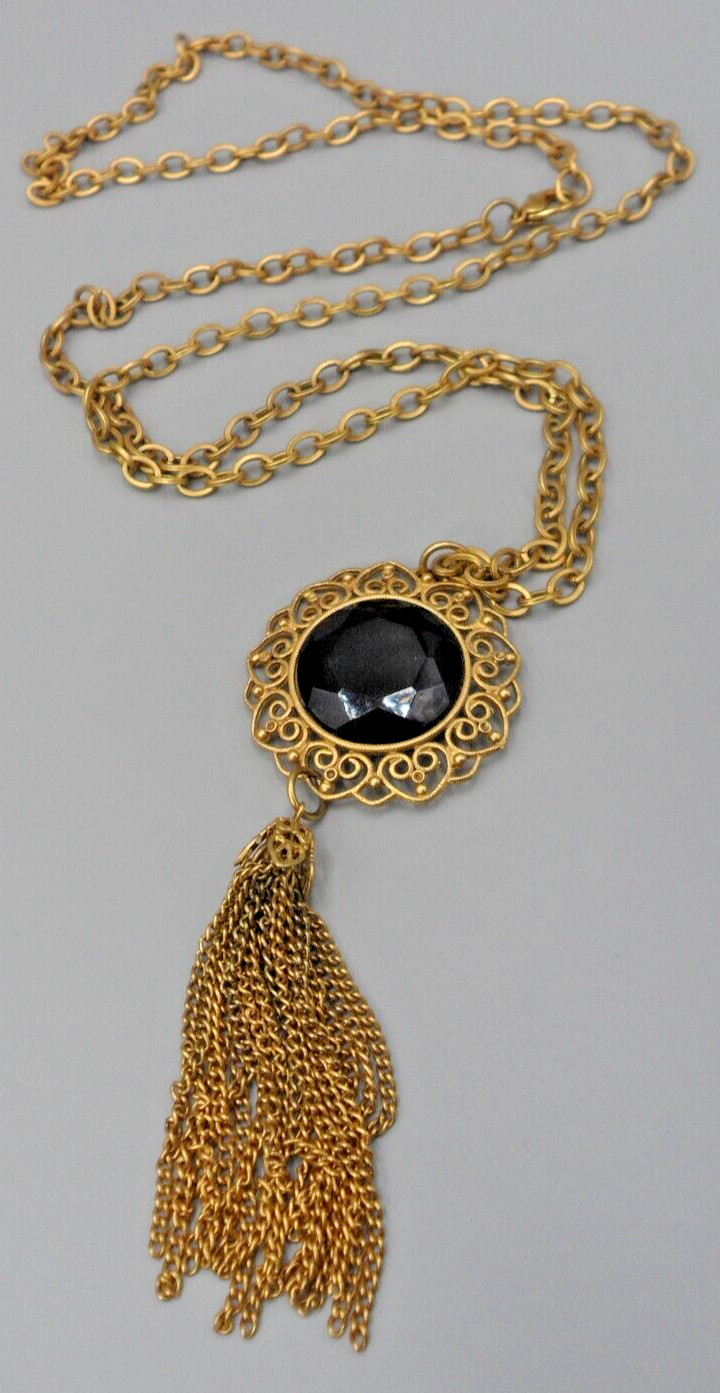 Victorian Revival Tassel Pendant Necklace Cannetile Filigree Hearts Long Chain