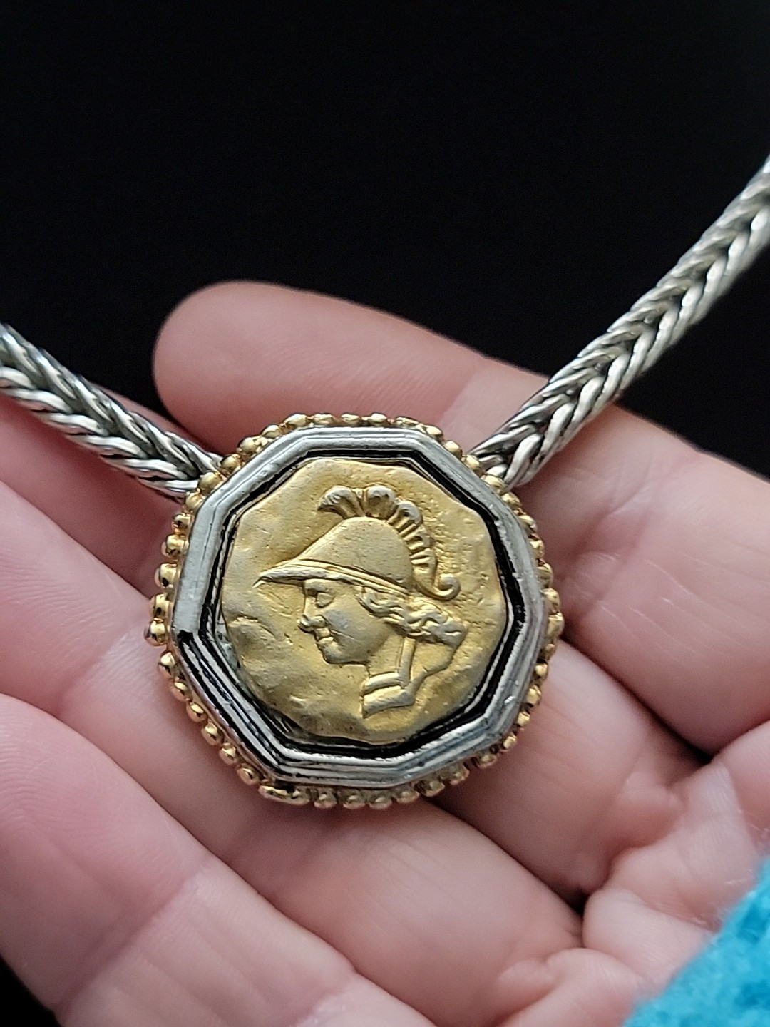 Faux Greek Roman Coin Necklace Choker Collar Foxtail Link Gold Silver Tone