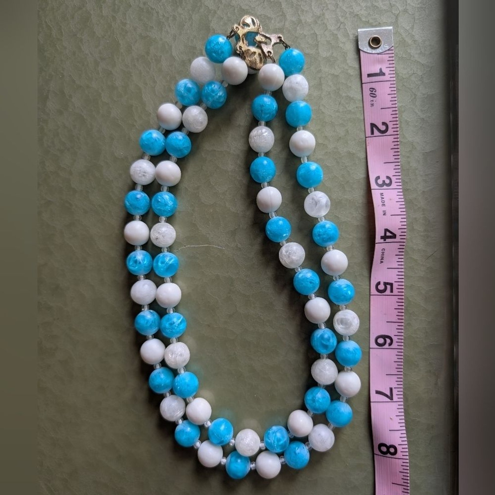 Kramer Vintage Deadstock Blue And White Beaded Necklace And Clip On Earrings