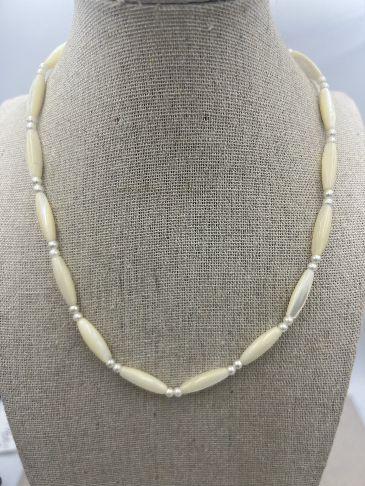 Vintage Mother Of Pearl With Faux Pearl Spacers Necklace 16 In