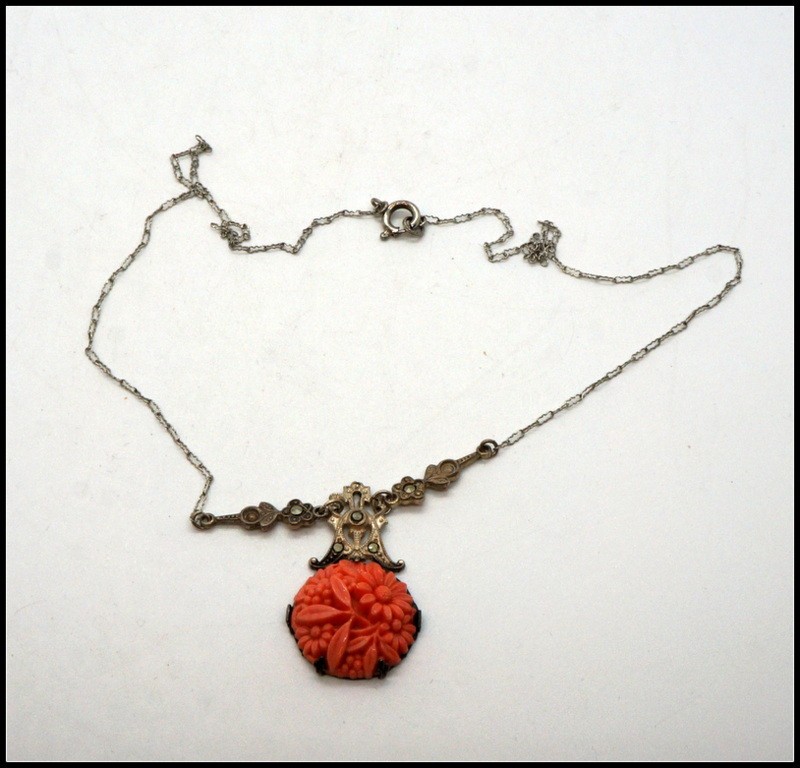 Vintage Art Deco Sterling Silver Marcasite & Molded Coral Glass Flower Pendant