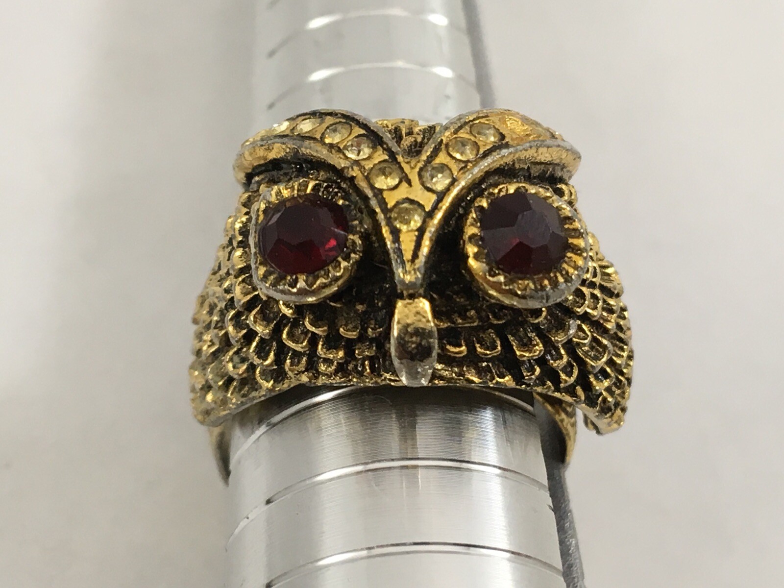 Owls Head Ring Red Eyes Golden US Size 7 17.5 MM Wrap Adjustable Vintage