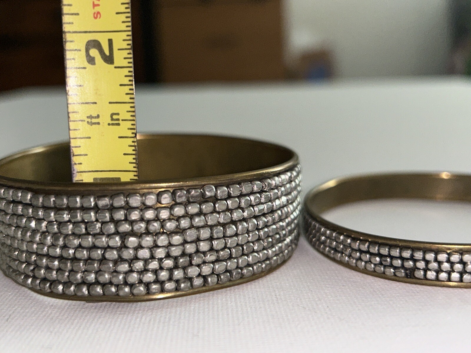 Vintage Silver Tone Metal Beaded Brass Bangle Set Of Two