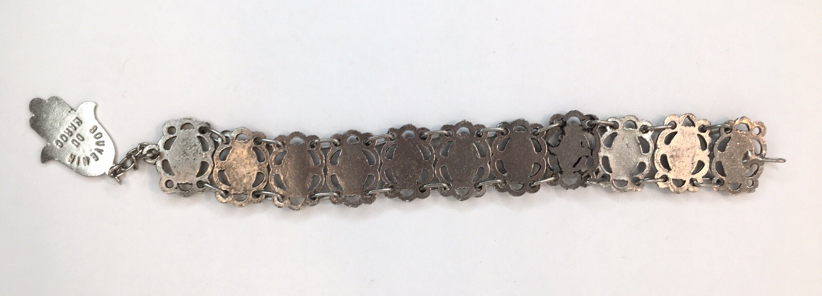 Vtg Souvenir du Maroc Moroccan Bracelet Poured Teal Enamel Hamsa Hand Charm