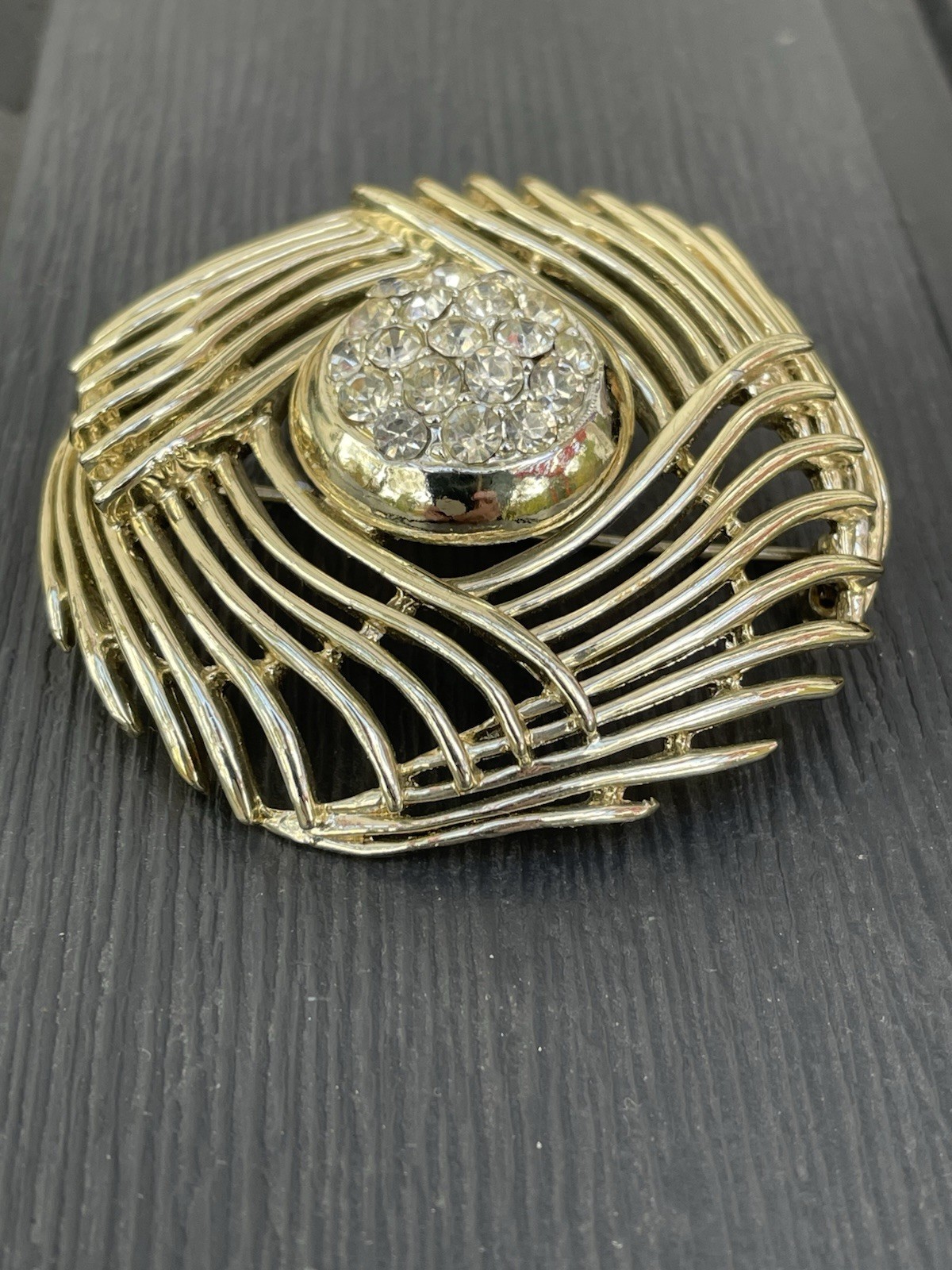 Flower Rhinestone BSK Vintage Gold Brooch Pin Lightweight. Every Day Wear