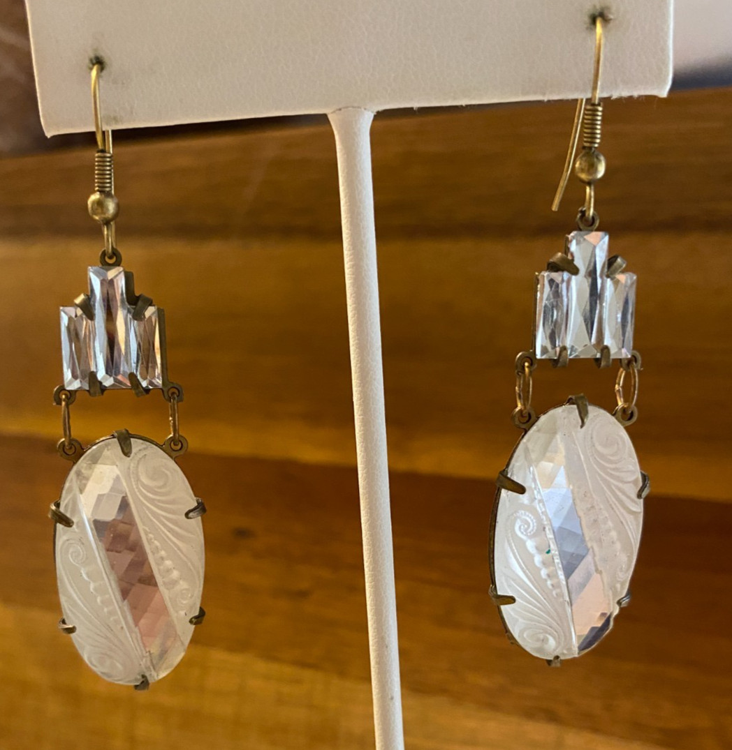 Glass Works Studio Earrings Frosted Clear Etched Faceted Glass & Rhinestones