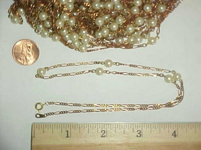 1 VINTAGE PEARL BEADED ROSE BRASS FIGARO CHAIN 18″ DECO NECKLACE L907