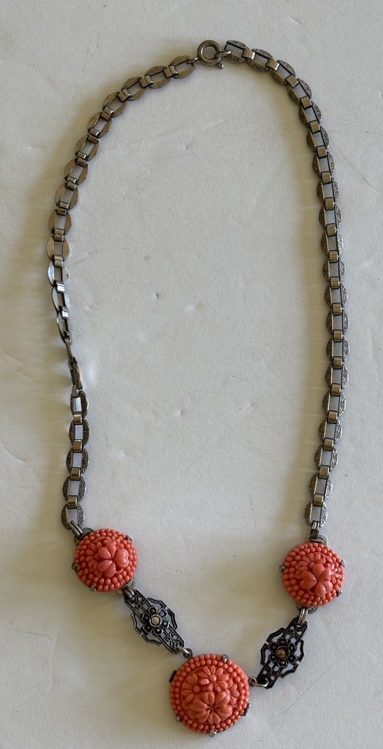 1930’s Deco Sterling Marcasite Coral Glass Necklace Flowers 16”