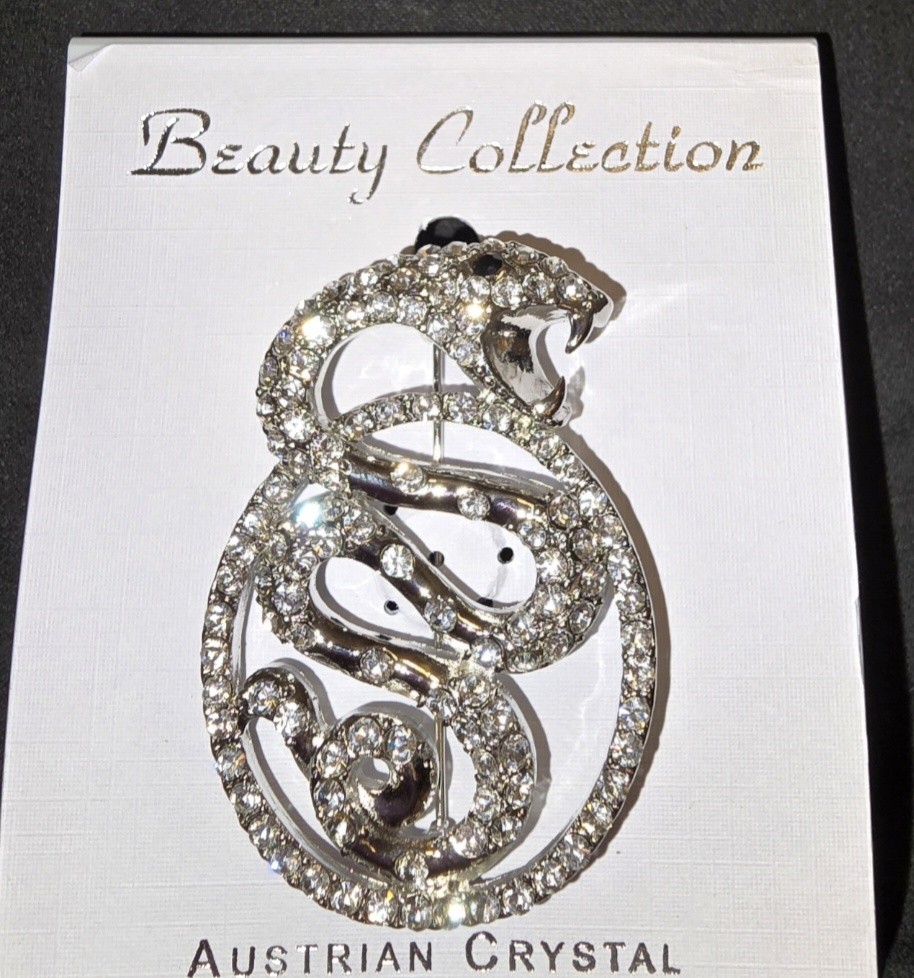 SNAKE BROOCH, AUSTRIAN CRYSTALS, 2″ X 1.5″