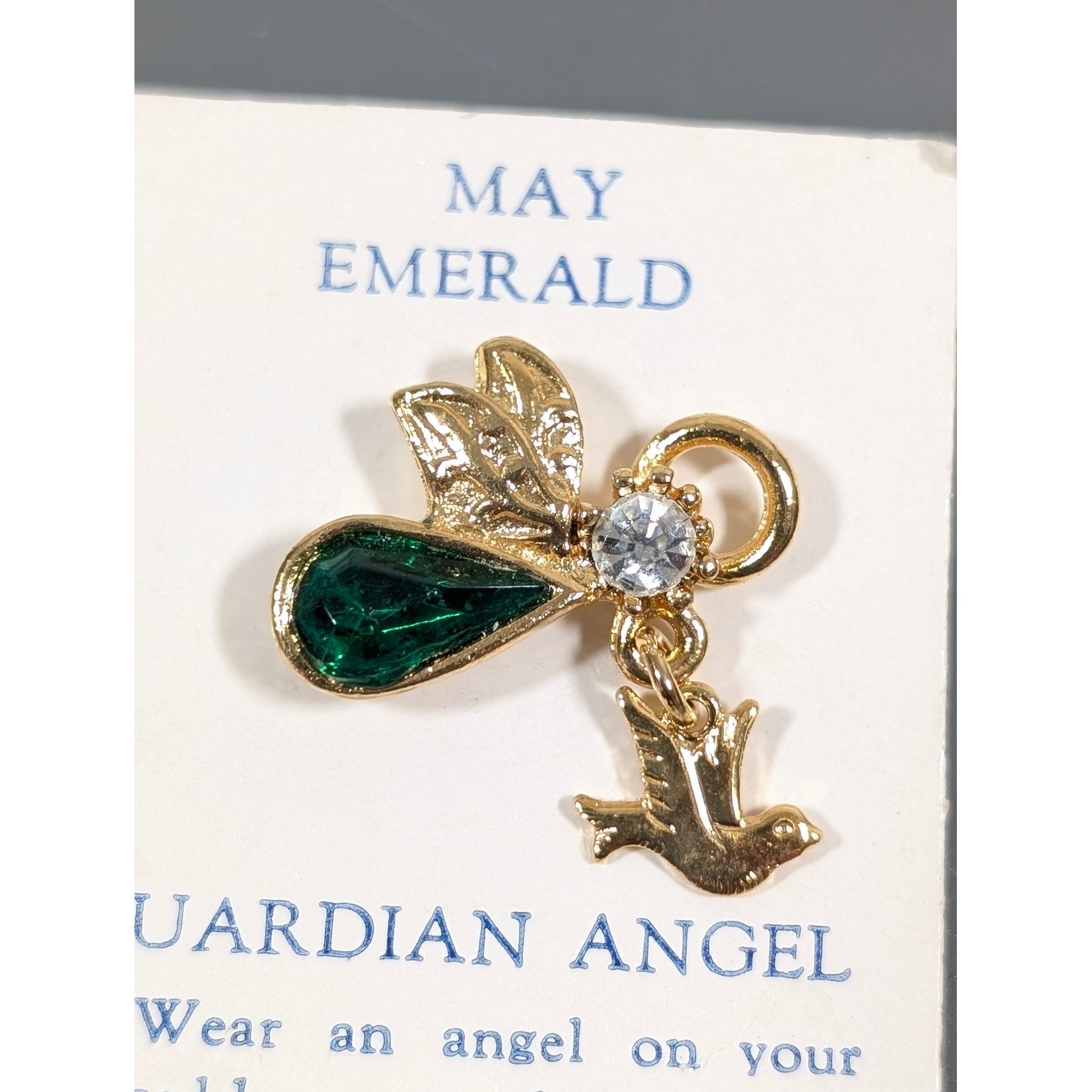Vintage Guardian Angel Dove Pin May Emerald Birthstone Gold Tone Lapel Tack