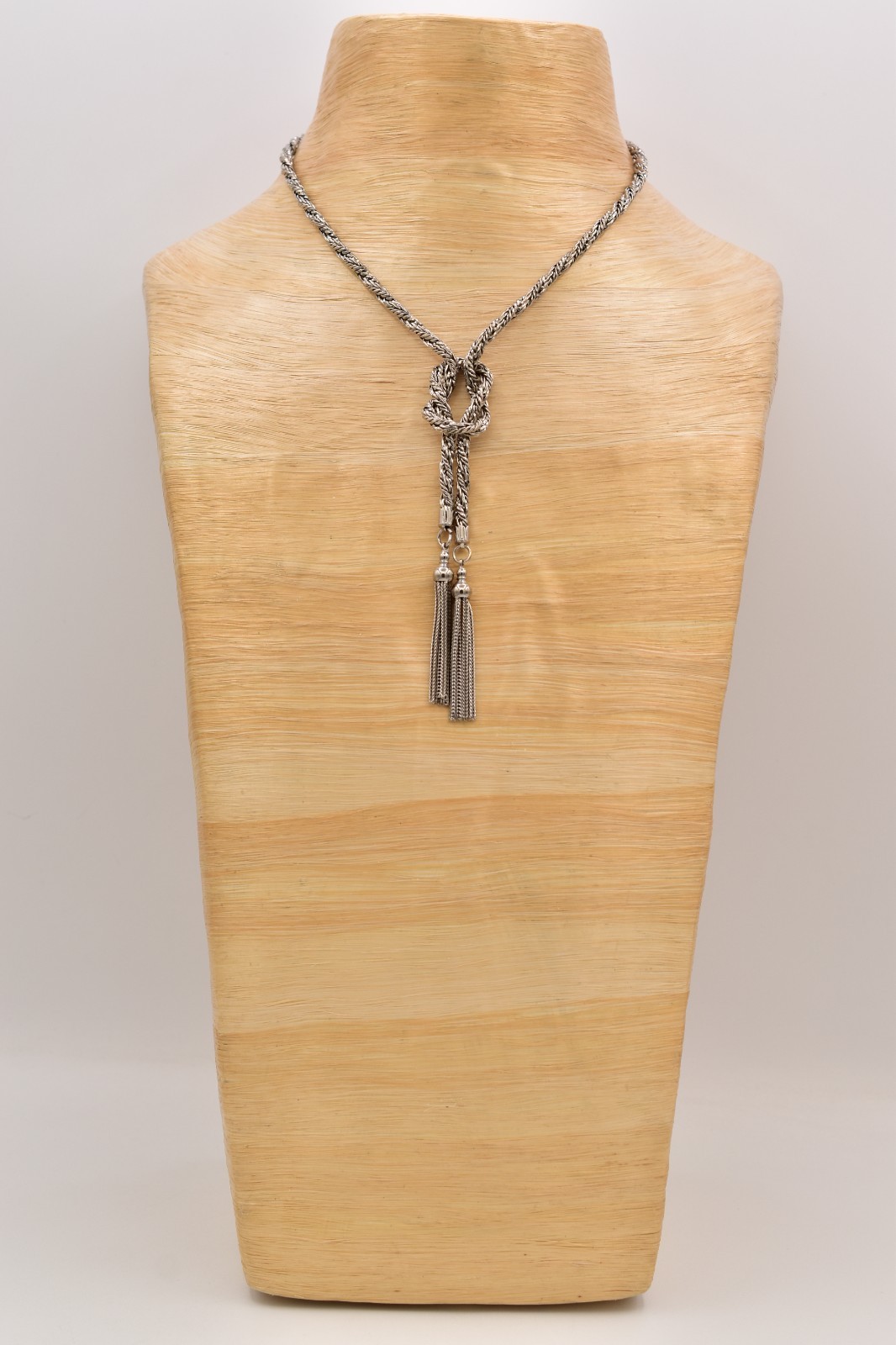 Vintage Silver Rope Knot Tassel Chain Necklace Statement Pendant 1980s BinBE