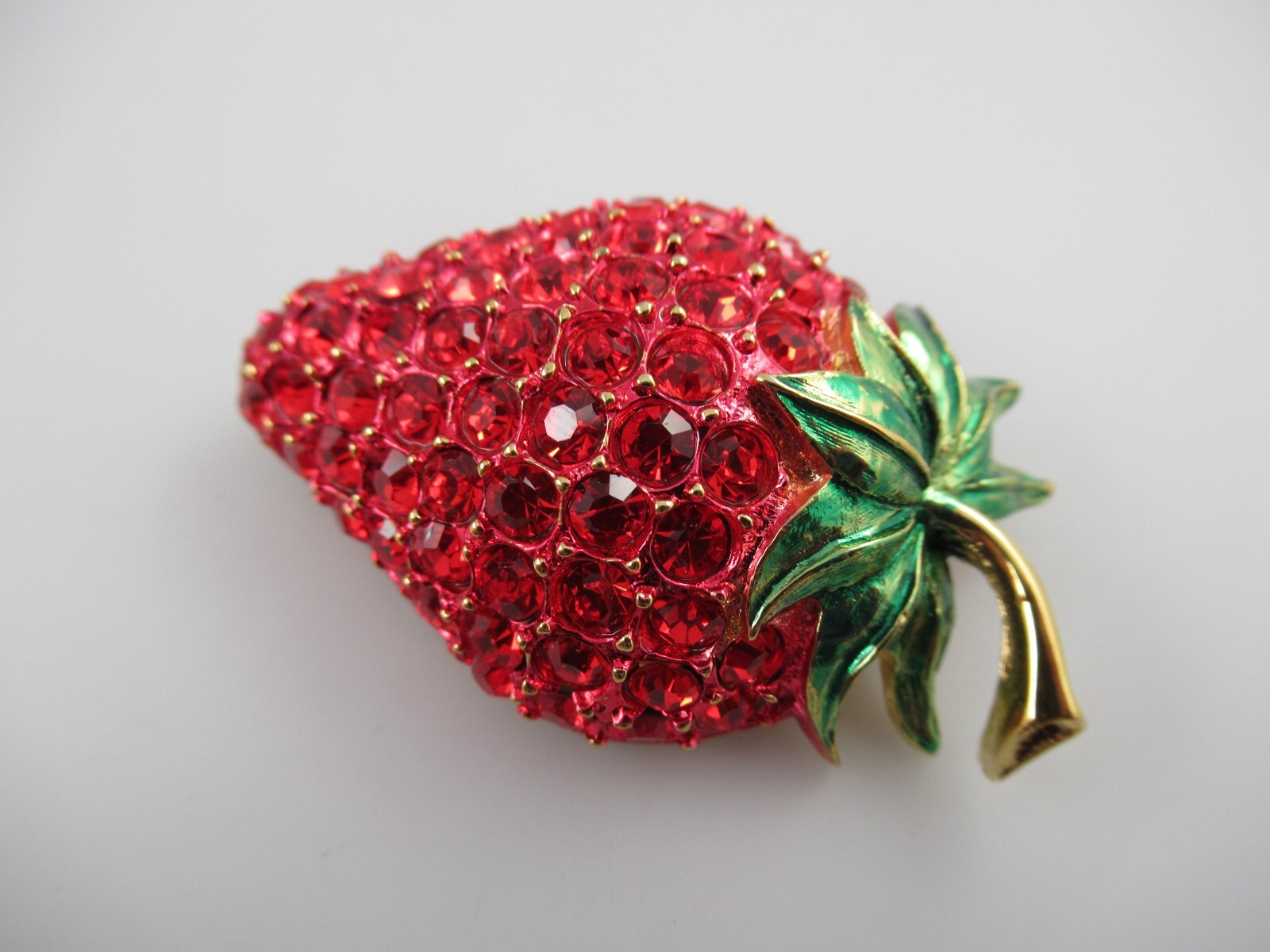 Signed Revere Red Crystal & Enamel Gold Tone Strawberry Brooch , Pin