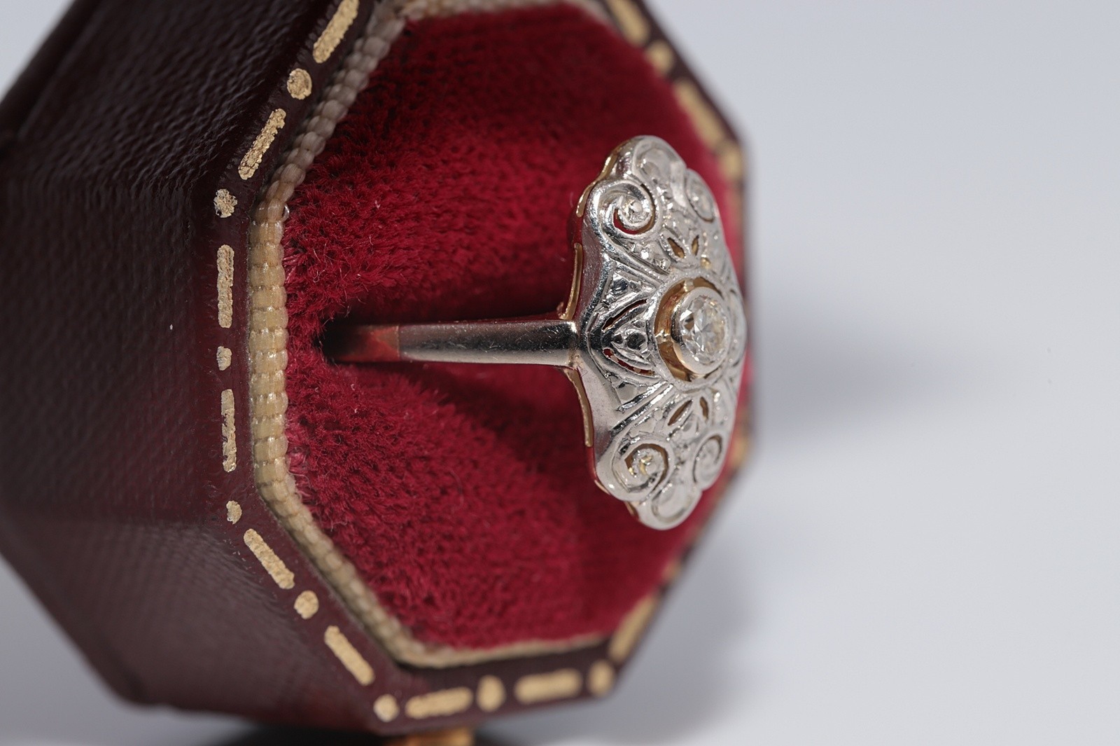 Antique Circa 1920s Art Deco 14k Gold Natural Diamond Decorated Navette Ring