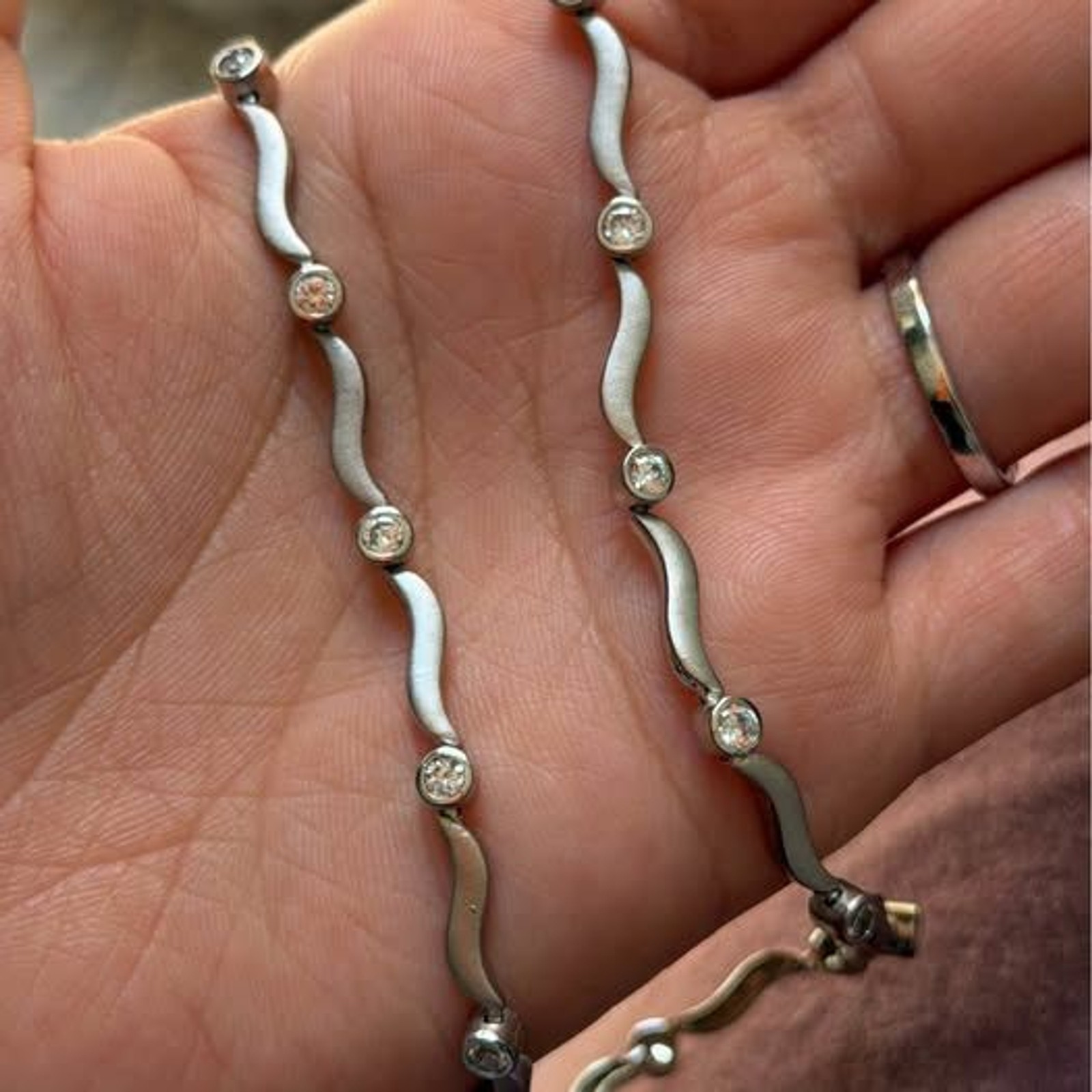 Sterling Silver CZ Necklace 16” – Matte Brushed Wave Design Modern Minimalist