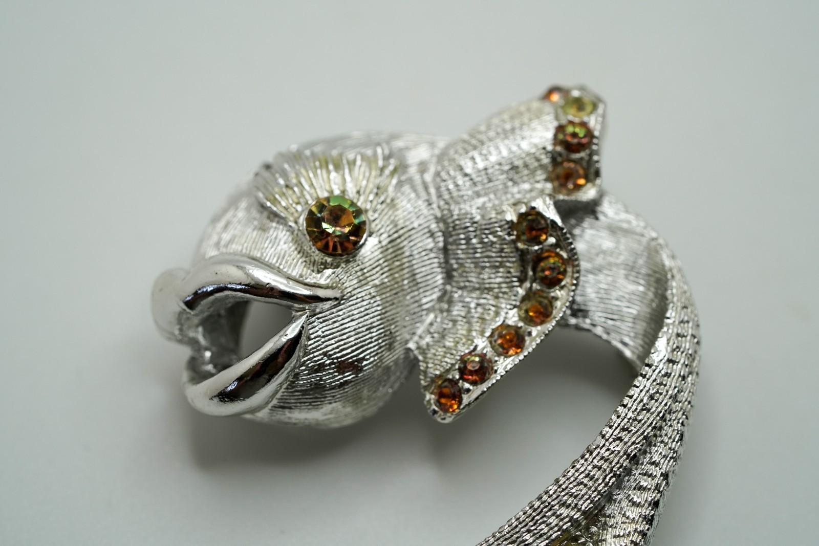 Vintage Silver Tone Rhinestone Mythological Fish Brooch Signed 4.8cm JB45