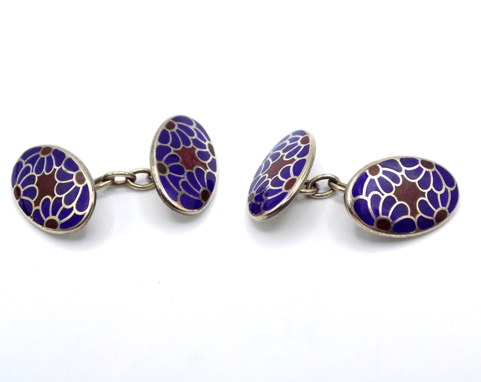 VINTAGE STERLING SILVER ENAMEL GUILLOCHE ENGLAND H & V HEWETT & VOLLER CUFFLINKS