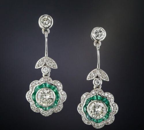 2.85Ct Art Deco Style Diamond & Emerald Drop Dangle 14k White Gold FN Earrings