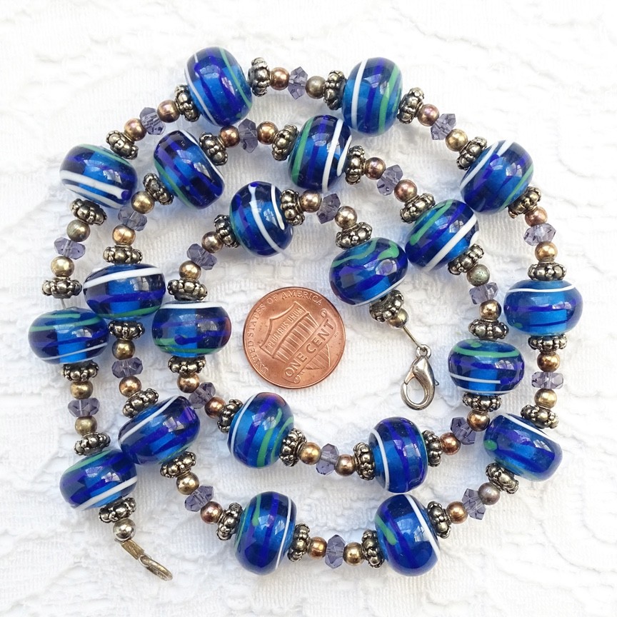 Artisan Lampwork Blue Art Glass Bead Necklace 23” Purple Green White Stripe 23″