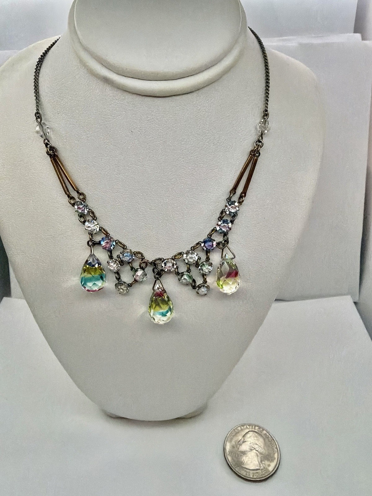Art Deco Rainbow Iris Arc Crystal & 3 Briolettes Festoon Pendant Necklace 18”