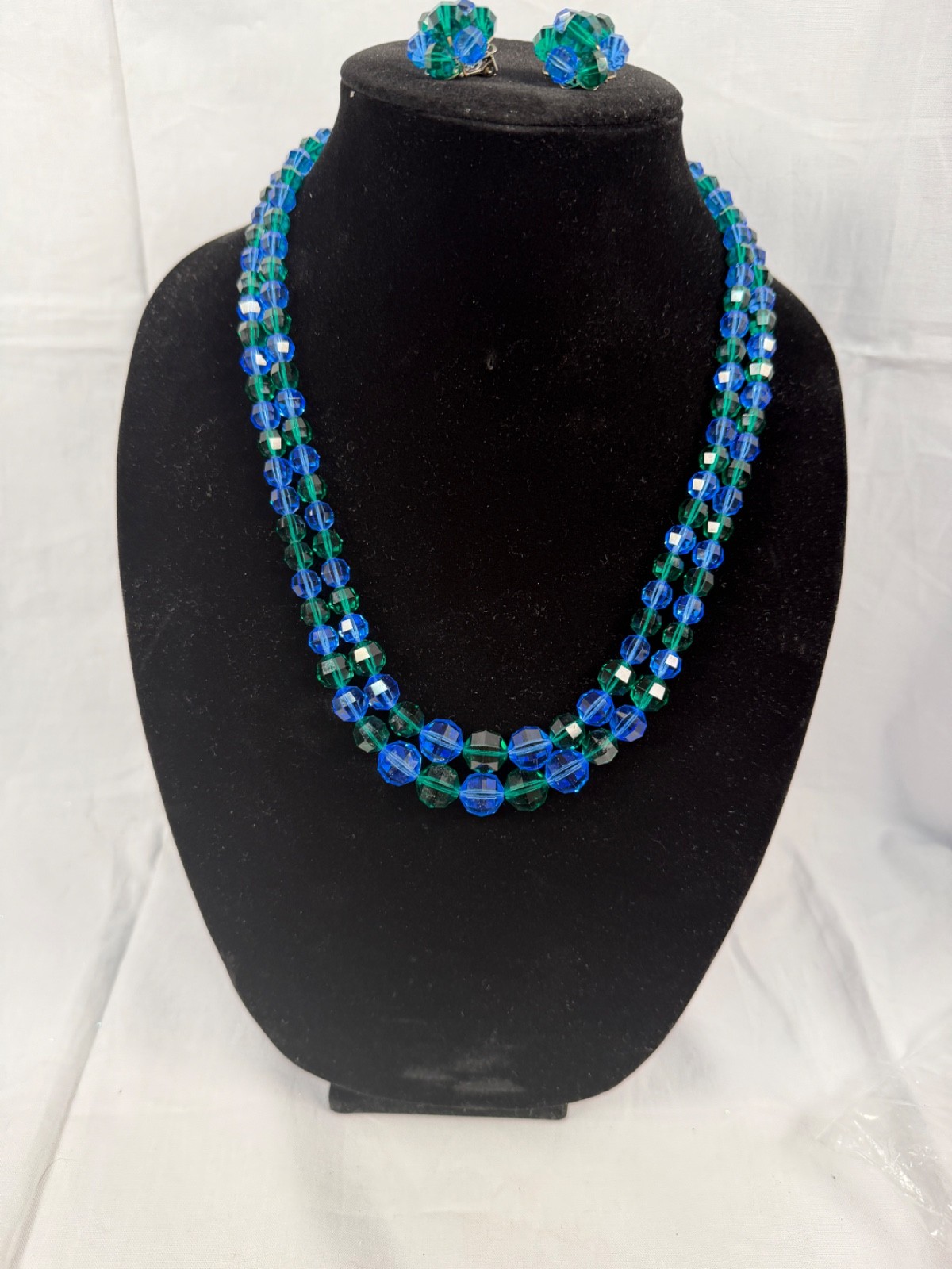 Vintage Blue & Green Faceted Glass Beaded Necklace Clip Earrings Set